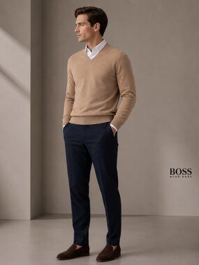 Hugo Boss Men’s V-Neck Wool Blend Camel Beige Sweater Size S Regular Fit